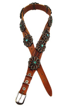 Zuni - Turquoise, Silver, and Leather Concho Belt with Hand-Tooled Design c. 1950s, 25" - 30" waist