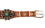 Zuni - Turquoise, Silver, and Leather Concho Belt with Hand-Tooled Design c. 1950s, 25" - 30" waist