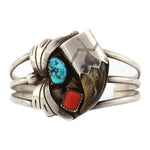 Navajo - Turquoise, Coral, and Silver Bracelet with Bear Claw c. 1950-60s, size 6