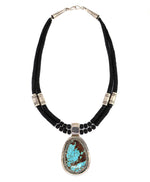 Wayne Aguilar (b. 1966) - Santo Domingo (Kewa) - 2-Strand Pilot Mountain Turquoise, Jet, and Silver Beaded Necklace c. 1980-90s, 22" length