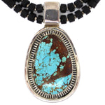 Wayne Aguilar (b. 1966) - Santo Domingo (Kewa) - 2-Strand Pilot Mountain Turquoise, Jet, and Silver Beaded Necklace c. 1980-90s, 22" length