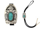 Tim Yazzie - San Felipe - Turquoise, Sterling Silver Overlay, and Leather Bolo Tie with Heartline Bear Design c. 2000s, 3" x 2" bolo