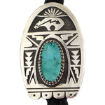 Tim Yazzie - San Felipe - Turquoise, Sterling Silver Overlay, and Leather Bolo Tie with Heartline Bear Design c. 2000s, 3" x 2" bolo