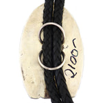 Tim Yazzie - San Felipe - Turquoise, Sterling Silver Overlay, and Leather Bolo Tie with Heartline Bear Design c. 2000s, 3" x 2" bolo