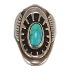Ben Nighthorse (b. 1933) - Cheyenne - Turquoise and Sterling Silver Overlay Ring with Feather Pictorials c. 1980-90s, size 5.75