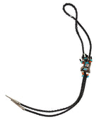Zuni - Multi-Stone Inlay, Silver, and Leather Bolo Tie with Rainbow God Design c. 1940-50s, 3" x 1.5" bolo