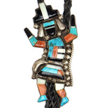 Zuni - Multi-Stone Inlay, Silver, and Leather Bolo Tie with Rainbow God Design c. 1940-50s, 3" x 1.5" bolo