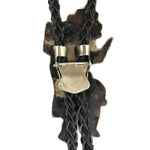Zuni - Multi-Stone Inlay, Silver, and Leather Bolo Tie with Rainbow God Design c. 1940-50s, 3" x 1.5" bolo