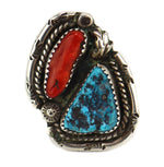 Navajo - Turquoise, Coral, and Silver Ring c. 1950-60s, size 7.25