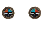 Zuni - Multi-Stone Channel Inlay and Silver Post Earrings with Sunface Design c. 1930-40s, 0.75" diameter