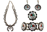 Zuni - Multi-Stone Channel Inlay and Silver Squash Blossom-Style Necklace, Bracelet, Ring, and Clip-On Earrings Set c. 1950-60s