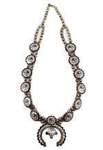 Zuni - Multi-Stone Channel Inlay and Silver Squash Blossom-Style Necklace, Bracelet, Ring, and Clip-On Earrings Set c. 1950-60s