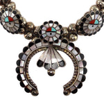 Zuni - Multi-Stone Channel Inlay and Silver Squash Blossom-Style Necklace, Bracelet, Ring, and Clip-On Earrings Set c. 1950-60s