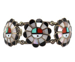 Zuni - Multi-Stone Channel Inlay and Silver Squash Blossom-Style Necklace, Bracelet, Ring, and Clip-On Earrings Set c. 1950-60s