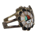 Zuni - Multi-Stone Channel Inlay and Silver Squash Blossom-Style Necklace, Bracelet, Ring, and Clip-On Earrings Set c. 1950-60s