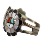 Zuni - Multi-Stone Channel Inlay and Silver Squash Blossom-Style Necklace, Bracelet, Ring, and Clip-On Earrings Set c. 1950-60s