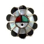 Zuni - Multi-Stone Channel Inlay and Silver Squash Blossom-Style Necklace, Bracelet, Ring, and Clip-On Earrings Set c. 1950-60s