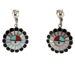 Zuni - Multi-Stone Channel Inlay and Silver Squash Blossom-Style Necklace, Bracelet, Ring, and Clip-On Earrings Set c. 1950-60s
