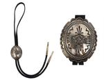 Thomas Curtis (1942-2013) - Navajo - Sterling Silver and Leather Bolo Tie with Stamped Design c. 1960-70s, 3.125" x 2.5" bolo