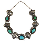 Ralph Tawangyaouma (1894-1972) - Hopi - Turquoise and Sterling Silver Overlay Necklace with Pictorial Design c. 1940-50s, 18.5" length