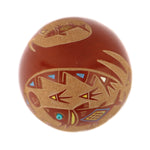 Ray Tafoya (1956-1994) - Santa Clara Redware Sgraffito Seed Jar with Turquoise Inlay and Fish Pictorial c. 1983, 2" x 1.625"