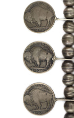 Navajo - Silver Squash Blossom-Style Necklace with Buffalo Nickels c. 1960s, 26" length