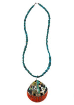 Santo Domingo (Kewa) - Turquoise Nugget Beaded Necklace with Multi-Stone Mosaic Inlay Spiny Oyster Shell Pendant c. 1970s, 30" length