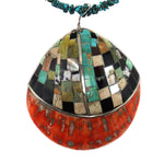Santo Domingo (Kewa) - Turquoise Nugget Beaded Necklace with Multi-Stone Mosaic Inlay Spiny Oyster Shell Pendant c. 1970s, 30" length