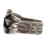 Zuni - Multi-Stone Inlay and Silver Bracelet with Rainbow God Design c. 1940s, size 6.5