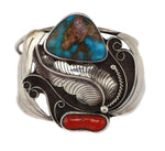 Navajo - Turquoise, Coral, and Silver Bracelet with Feather Design c. 1970s, size 6.75