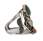 Navajo - Turquoise, Coral, and Silver Bracelet with Feather Design c. 1970s, size 6.75