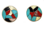 Ben Eustace (1924-2007) - Zuni - Multi-Stone Channel Inlay and Silver Post Earrings c. 1950s, 1" diameter