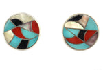 Ben Eustace (1924-2007) - Zuni - Multi-Stone Channel Inlay and Silver Post Earrings c. 1950s, 1" diameter