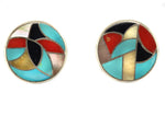 Ben Eustace (1924-2007) - Zuni - Multi-Stone Channel Inlay and Silver Post Earrings c. 1950s, 1" diameter