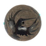 Stephen Baca - Santa Clara Miniature Black Sgraffito Seed Jar with Hummingbird Design and Turquoise Inclusions c. 1990, 1.25" x 1.5"