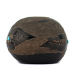 Stephen Baca - Santa Clara Miniature Black Sgraffito Seed Jar with Hummingbird Design and Turquoise Inclusions c. 1990, 1.25" x 1.5"