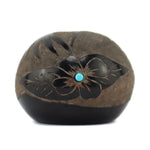 Stephen Baca - Santa Clara Miniature Black Sgraffito Seed Jar with Hummingbird Design and Turquoise Inclusions c. 1990, 1.25" x 1.5"