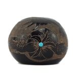 Stephen Baca - Santa Clara Miniature Black Sgraffito Seed Jar with Hummingbird Design and Turquoise Inclusions c. 1990, 1.25" x 1.5"