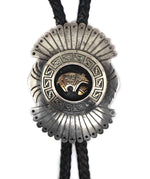 Gary (b. 1953) and Elsie (b. 1951) Yoyokie - Hopi/Navajo - 14K Gold, Silver, and Leather Bolo Tie with Bear Design c. 1970-80s, 3" x 2.125" bolo