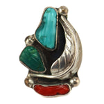 Navajo - Turquoise, Coral, and Silver Ring with Feather Design c. 1950-60s, size 6.5