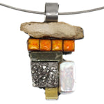 Shirley Wagner - Contemporary "Ancient Layers" Pendant with Bone, Pyrite, Tile, and Freshwater Pearl, 1.625" x 1" pendant