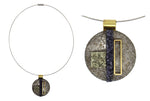 Shirley Wagner - Contemporary "Glorious" Pendant with Steel, Amethyst Geode, Pyrite, and Brass 1.875" x 1.5"