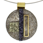 Shirley Wagner - Contemporary "Glorious" Pendant with Steel, Amethyst Geode, Pyrite, and Brass 1.875" x 1.5"