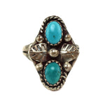 Dennison Whitegoat (1934-1982) - Navajo - Turquoise and Silver Ring with Leaf Designs c. 1970s, size 4.75