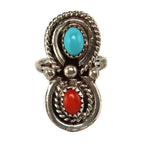 Rose Haley Long - Navajo - Coral and Turquoise Ring c. 1970-80s, size 5.5