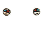 Zuni - Multi-Stone Inlay and Silver Post Earrings with Sunface Kachina Design c. 1950s, 0.5" diameter