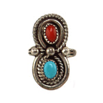 Rose Haley Long - Navajo - Turquoise and Coral Ring c. 1970-80s, size 4.75
