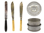 Group of 4: Aluminum Collapsible Lidded Cup and Set of 3 Silver Knives c. 1930s