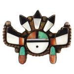 Zuni - Multi-Stone Inlay and Silver Sunface Kachina Pin c. 1940-50s, 1.875" x 2.375"