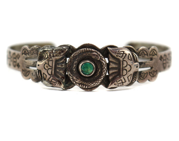Navajo - Turquoise and Silver Bracelet with Snake and Thunderbird Pict